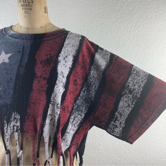 ODM l XL Black Flag Stars Stripes Knotted Fringe Festival Boho Crop Top T-Shirt - Picture 3 of 14